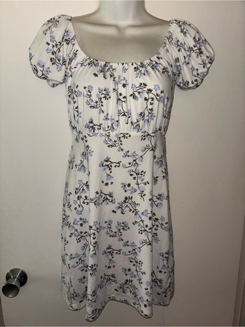 White blue cottage core soft stretchy Floral Puff-Sleeve Mini Sundress